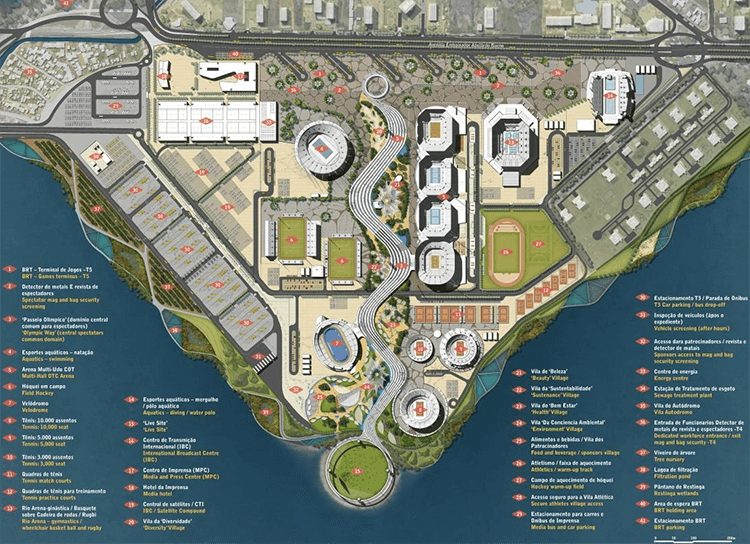 Mapa detalhado do Parque Olímpico Rio e suas arenas